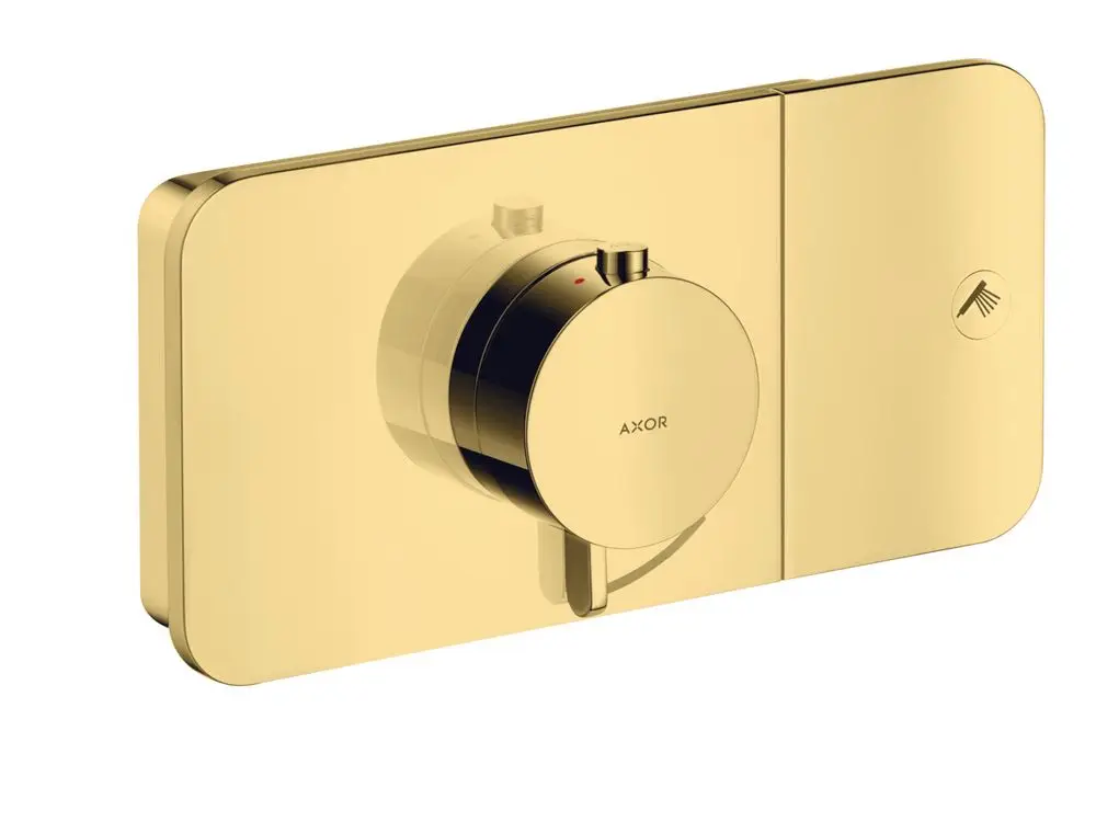 Thermostatmodul in glänzendem Gold mit runder Bedienfront und einem Schalter. Hersteller AXOR. Geeignet für den Unterputz.